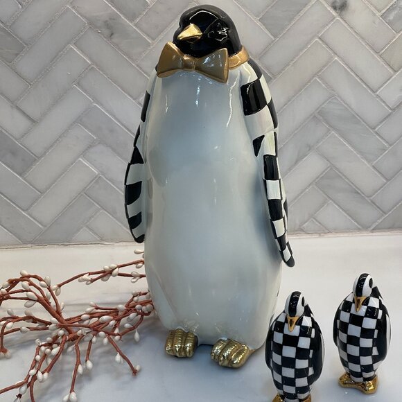 MacKenzie-Childs Courtly Check Tabletop Penguin – 11" Resin Holiday Figure-NEW - Picture 2 of 14